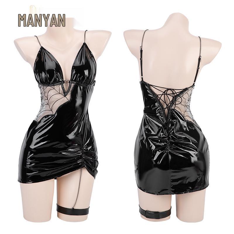 Man Yan 2025 Spiderweb Witch Costume - Sheer Bodycon Skirt & Slim-Fit Patent Leather Lingerie Set 8919