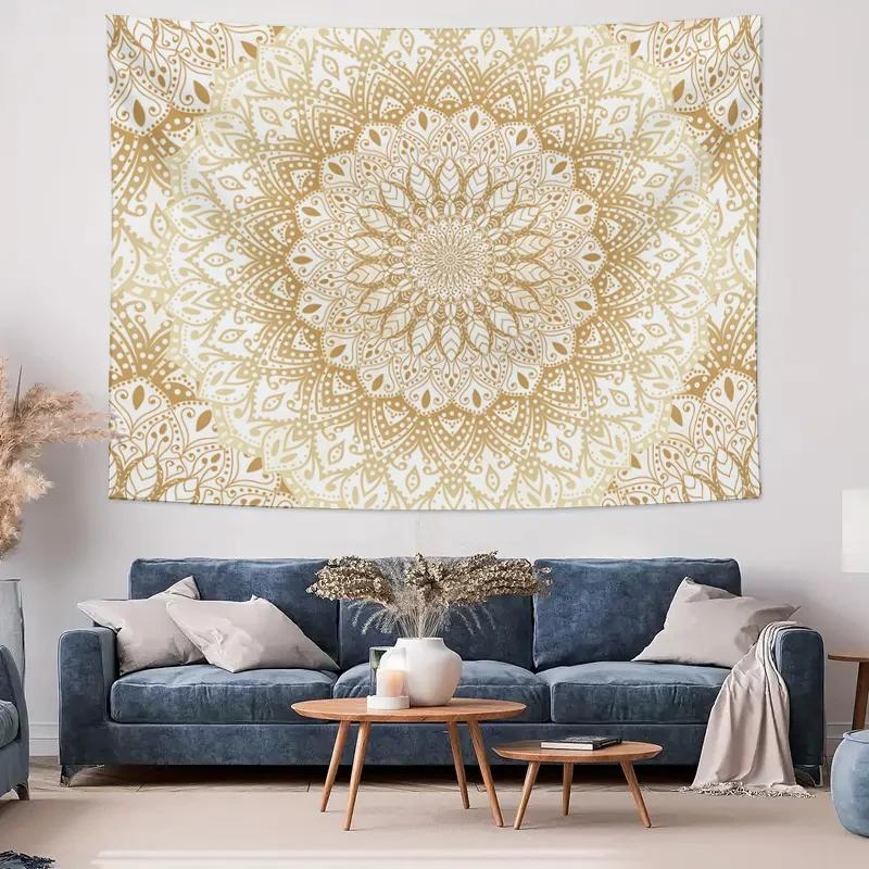 Goldenes Mandala Wandteppich, Boho Bohemian Blumendruck Wandbehang für Schlafzimmer Wohnheim Wohnzimmer Heimdekoration