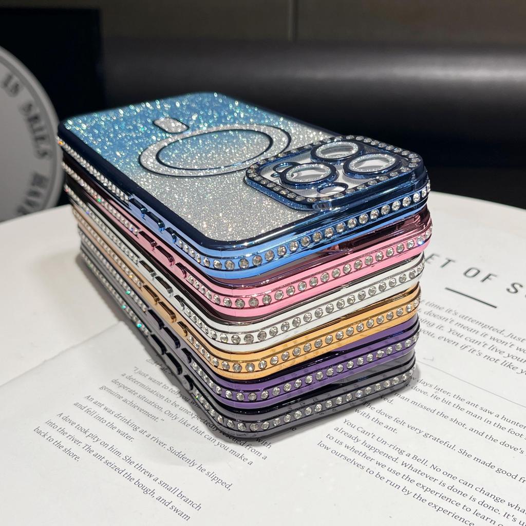Plating Glitter Bling Diamond Camera Lens Protector Bumper Phone Case For iPhone 17 Air 16 15 14 Pro Max Samsung S25 S24 S23 Magnetic Protective Cover