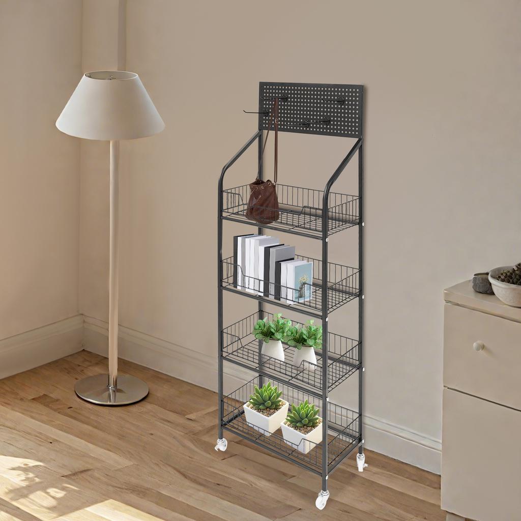 4-Tier Metal Storage Shelf Rolling Cart, Heavy Duty Kitchen Organizer Rack with Wheels for Pantry, Store Display, Black