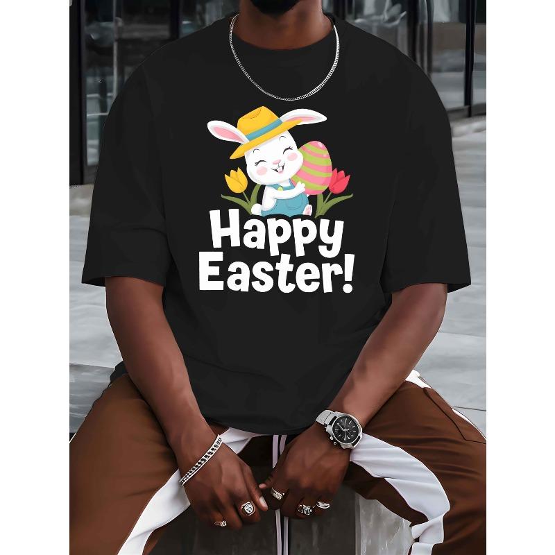 European Size Men's Easter Bunny & Egg Print Short Sleeve T-Shirt - Lightweight Breathable Round Neck Summer Top with Rabbit & Egg Pattern