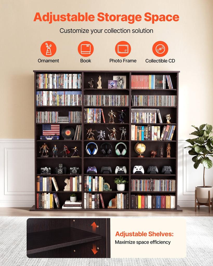 Armario de Almacenamiento para Medios, Organizador de Estantería de 8 Niveles para DVDs, 142 x 22 x 130 cm Organizador de Almacenamiento Multimedia para CDs, DVDs, Libros y Juegos, Estantería para CDs para Sala de Estar