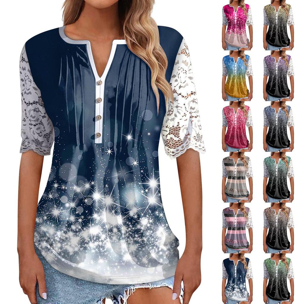 Summer Women's Short Sleeved Printing Lace Sleeve Patchwork Top T-shirt