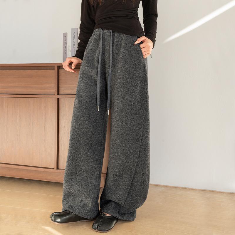 Women's Autumn/Winter 2025 Woolen Flannel Fleece-Lined Pants - Petite, Lazy, Thickened, Wide-Leg, Curved Leg Design.