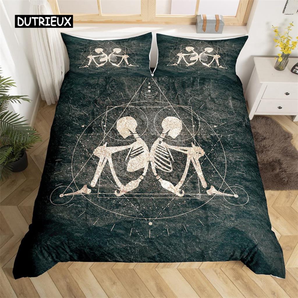 Skull Duvet Cover Set Queen Black Skeleton Paisley Floral Pattern Bedding Set for Teen Adult Polyester Halloween Comforter Cover