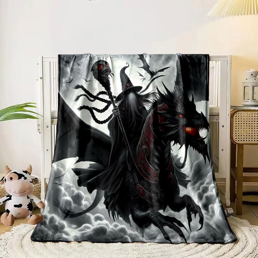 Dark wizard riding a armored dragon amidst cloudy skies and flying creatures. for all seasons blanket lunch break throw gift 80cm x 120cm