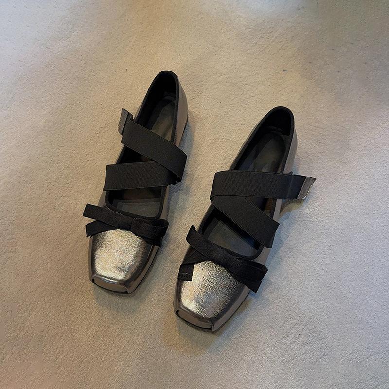 Spot second hair! Retro ballet bow Mary Jane single shoes silver platform small leather shoes ballet shoes ladyshoes