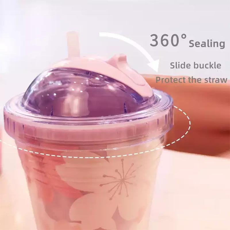 480ml Sakura Plastic Cups Double Wall Hidden Straw Iced Cup Creative Juice Drinking Cup Kids Gift Water Bottle for Outdoor