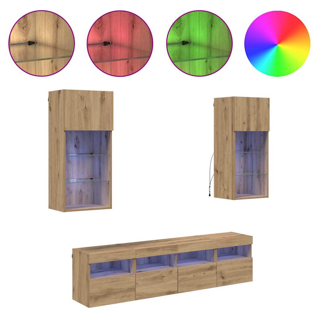 Wall Mounted TV Unit with LED Lighting 5 pcs Artisan Oak Finish 40.5 x 30 x 90 cm