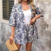 2025 Elegant Two-Piece Vacation Print Set: Short Sleeve Tie-Waist Shirt & High-Waist Shorts
