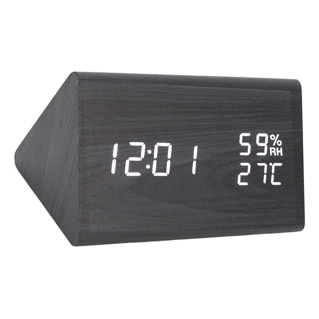 Wooden Digital Alarm Clock Triangular Voice Control Electronic LED Clock for Bedroom Office Black Wood White Letter