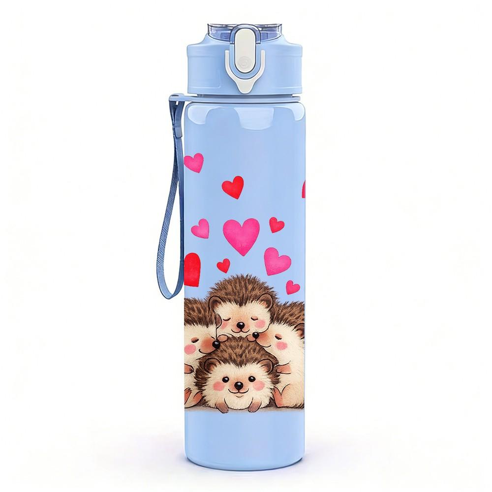 1PC Bear With Pink Hearts 750ml Color Plastic Sports Water Bottle Leakproof Flip Straw Lid Suitable for Sports Office Home Use