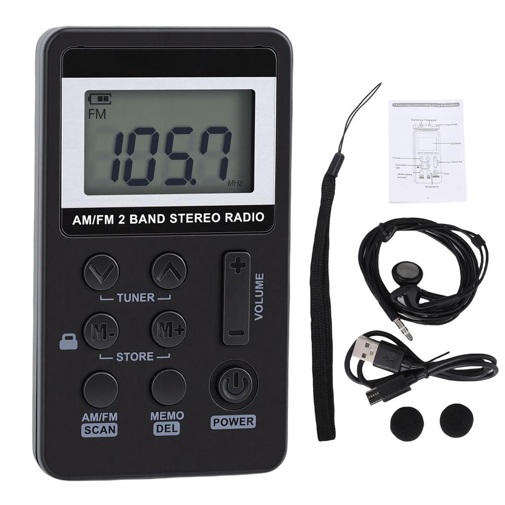Personal AM FM Pocket Radio Portable Digital Tuning Radio with 500mAh Rechargeable Battery Earphone Lock Screen for