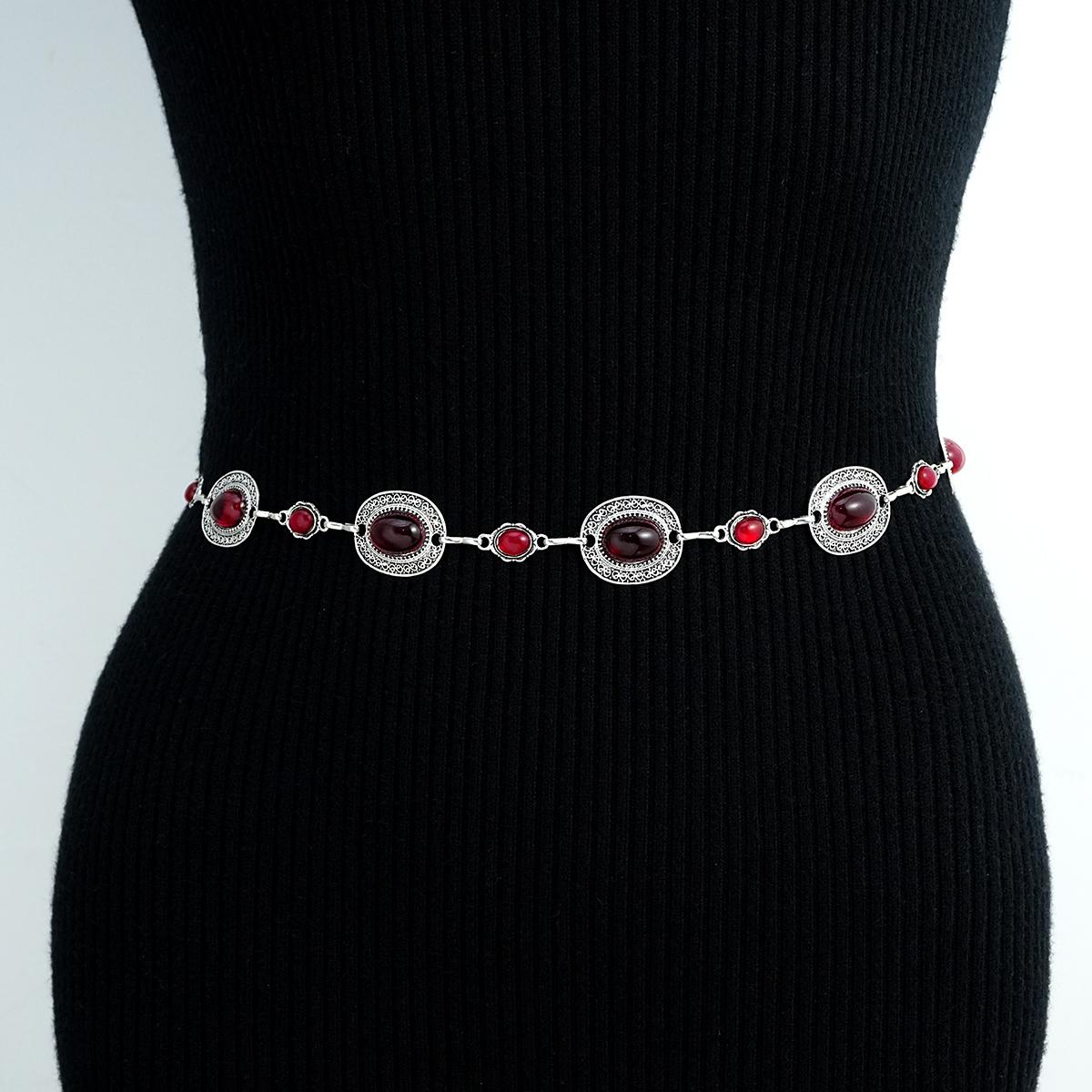 

Fashion Oval Wine Red Crystal Metal Waist Chain for Women Retro Exquisite Silver Color Belt Chain French Style Body Jewelry Gift