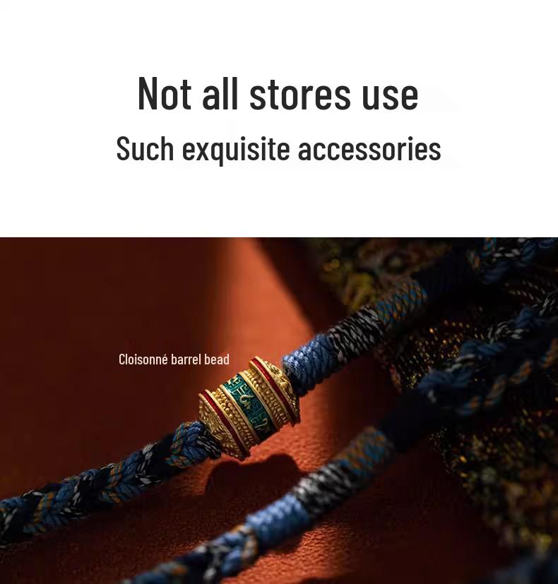 Tibetan Eight Treasures Compass Necklace with Braided Rope and Mantra Thangka Pendant