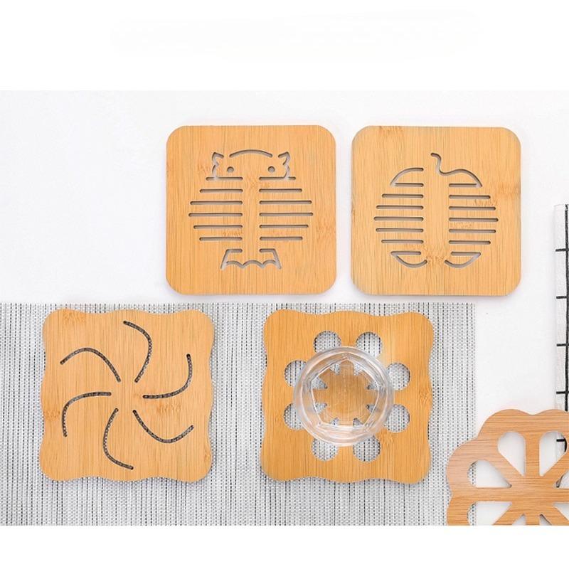Household kitchen wooden insulation mat, square, cartoon, animal shaped dining table mat, thick, heat-resistant, hollow, non slip coaster