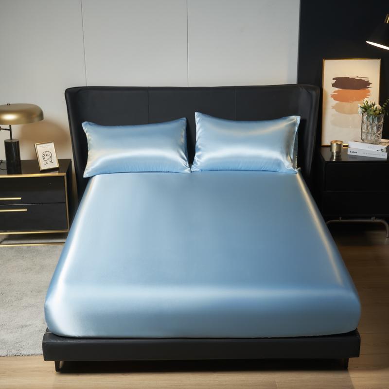 1Pc Satin Fitted Sheet Solid Colour Twin Full Queen Ice Silk Mattress Cover Natural With Elastic Band Bed Sheet (No Pillowcase)