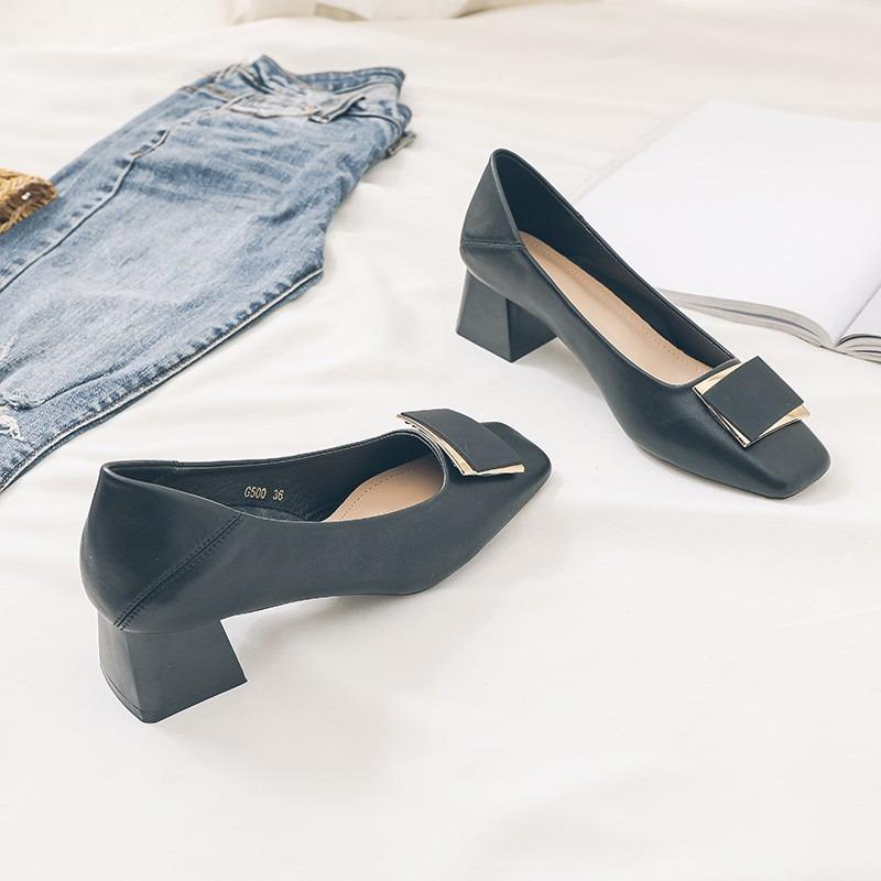 Work Shoes Women's Black New Soft Leather Thick Heels High Heels Professional Job Interview Not Tired Feet Women's Single Shoes