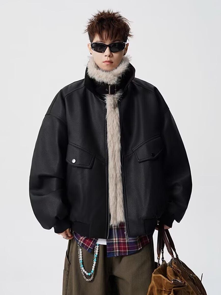 

Men s Autumn/Winter High-End Retro Carved Eagle Lychee Pattern Leather Jacket with Velvet Lining XL чорний
