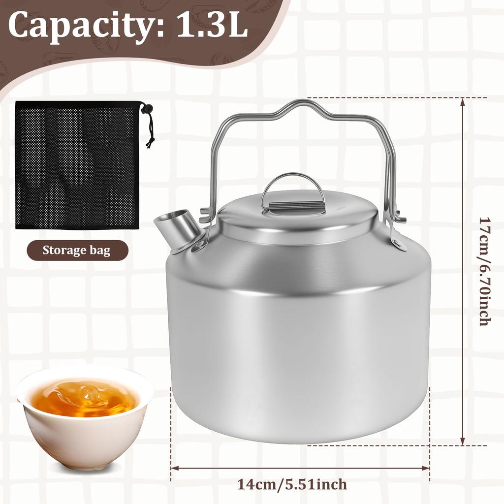 Camping Kettle with Double Handle Stainless Steel Short Nozzle Design Portable Camp Tea Coffee Pot for Travel Outdoor Activity