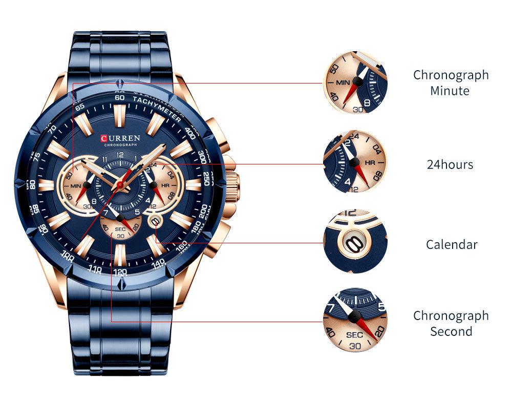 CURREN 8363 Men's Waterproof Quartz Steel Band Watch with Multifunctional Seven-Needle Design and Calendar/Weekday Display.