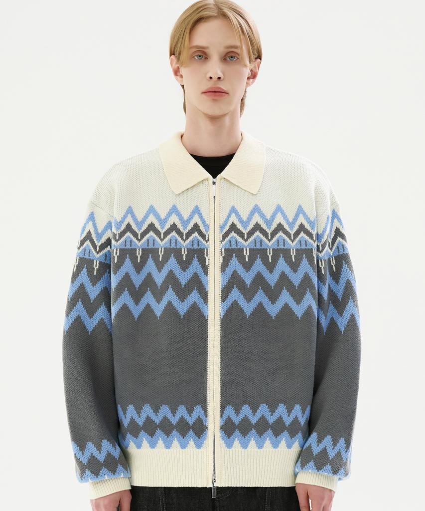 TRILLION Washable Nordic Jacquard Collar Neck 2-Way Zip-Up Knit [Ivory]