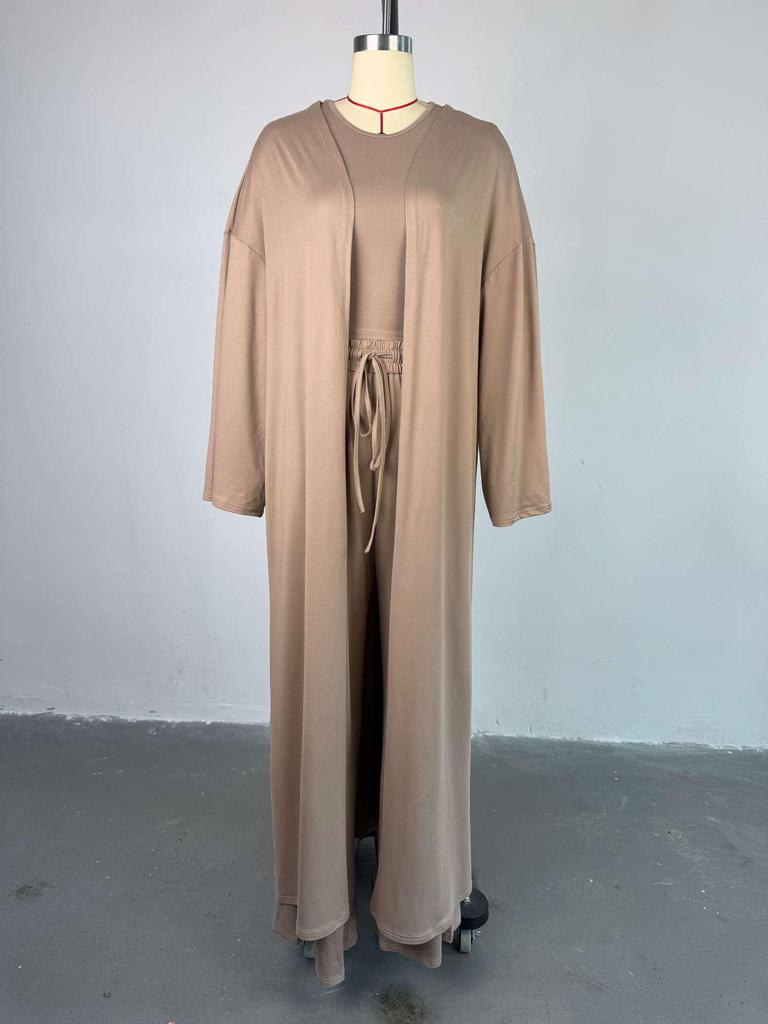 2025 Spring/Summer Women's Three-Piece Set: Casual Long Coat, Camisole, and Tie-Up Wide-Leg Pants
