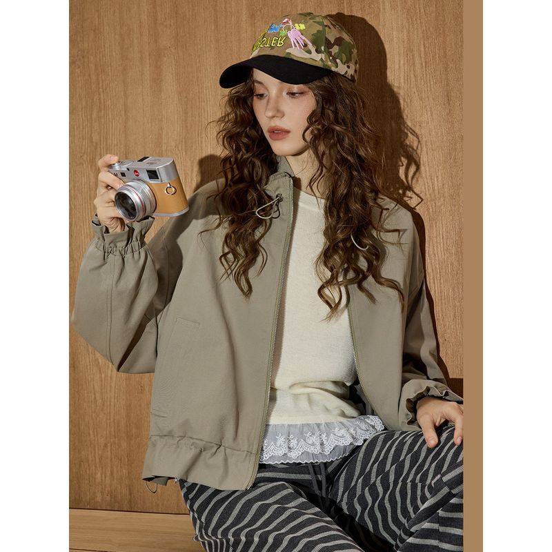 Coolhut American Retro Loose-Fitting Versatile Stand-Up Collar Short Workwear Women's Jacket in Bean Green, Trendy and Cool