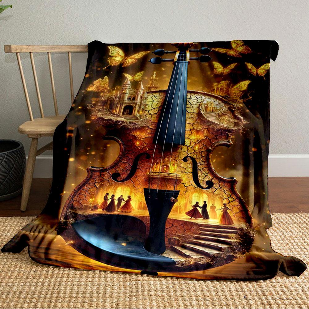 A Violin Blending Golden Castles, Butterflies, and Elegant Dancers' Motifs. for All Seasons Blanket Lunch Break Throw Gift