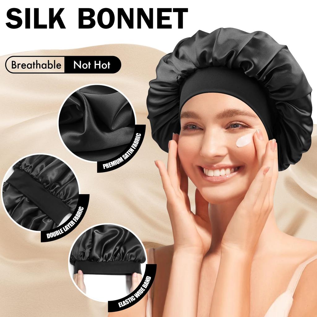 Women's Wide-brimmed Night Sleep Hair Caps Silky Bonnet Nightcap Elastic Headband Satin Head Cover Hat Shower Cap for Curly Hair