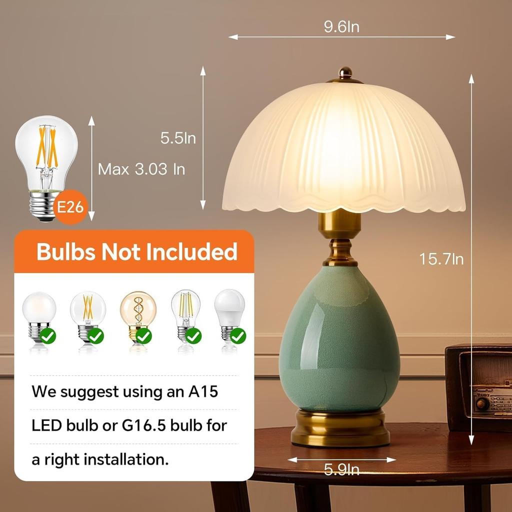 Vintage Keramik-Tischlampe mit plissiertem Glasschirm, Türkis & Gold Akzentlampe für Schlafzimmer, Wohnzimmer & Büro (Türkis-01)