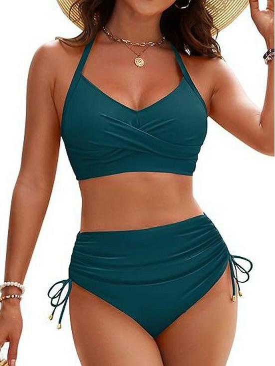 European American High-Waisted Two-Piece Bikini Set: Women's Sexy Drawstring Swimwear
