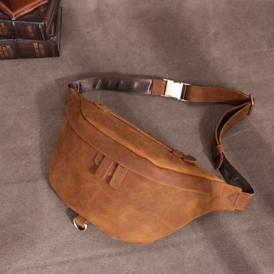 Crazy Horse Leather Men's Bag Waist Bag, Multi Functional Large Capacity Outdoor Sports Leather Phone Bag, Genuine Leather Cross Chest Bag