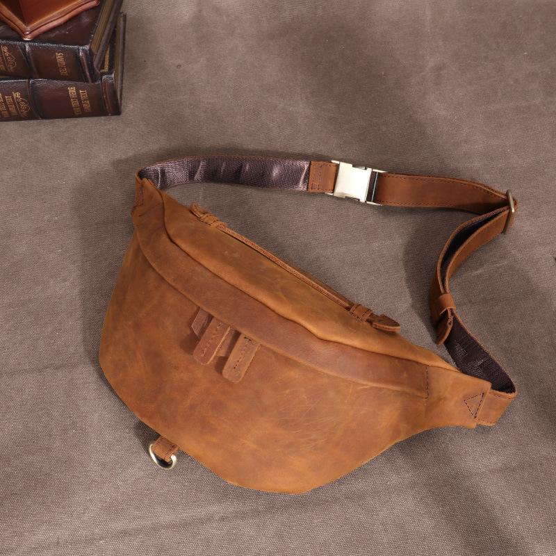 Crazy Horse Leather Men's Bag Waist Bag, Multi Functional Large Capacity Outdoor Sports Leather Phone Bag, Genuine Leather Cross Chest Bag