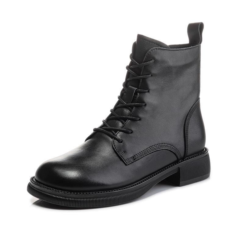 Plus Size Women's Genuine Leather Martin Boots - Flat Heel, Lace-up, Side Zipper, Cowhide, Ankle Boots, Sizes 41–43, Versatile for Autumn 2022.