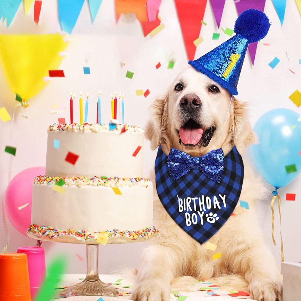 Pet Bow Tie Decorative Pet Birthday Set Adjustable Blue Dog Sequins Hat Polyester Dog Birthday Triangle Scarf Birthday Party