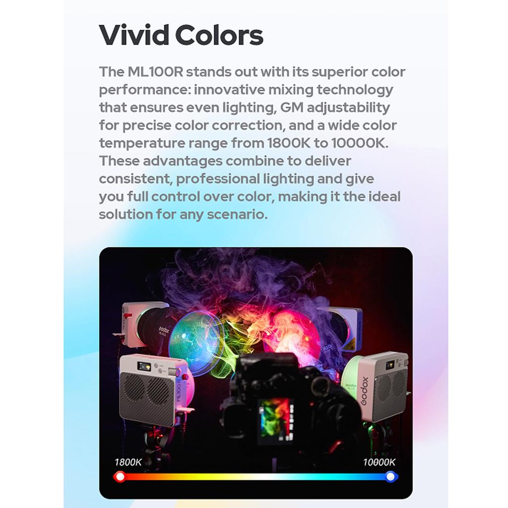 Godox ML100R RGB Fotografía Aplicación Alto Color 14 Iluminación Luz de Fotografía Portátil para Video en Vivo e Iluminación de Estudio Luz, 1800K-10000K, Control,