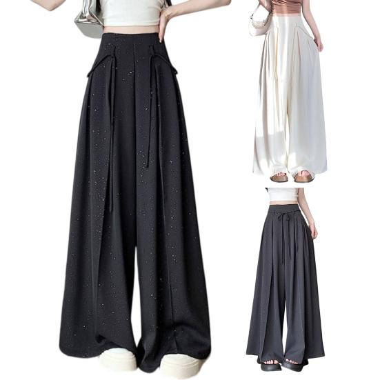 Damen Hose Hohe Taille Verstellbarer Kordelzug Oversized Weites Bein Hosen Einfarbige Glitzer Design Freizeithose