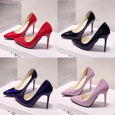Yeni Düz Renk Pompalar Kadın Yüksek Topuk Ayakkabılar Kadın Moda Patent Deri Seksi Sivri Burun İnce Topuk Düğün Ayakkabıları Beden 44