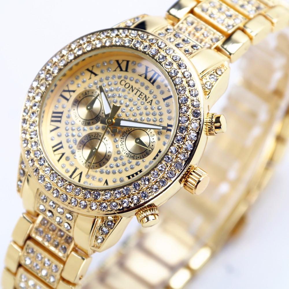 Luxury Gold Watch for Women Geneva Brand New Ladies Quartz Watch Full Stainless Steel with Rhinestones Elegant Wristwatch G