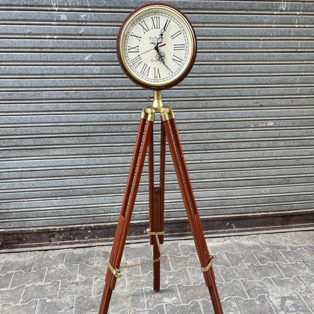 Modern Brown Polished Wooden Tripod Clock Large Analog Display for Home and Office Adjustable Tripod Clock