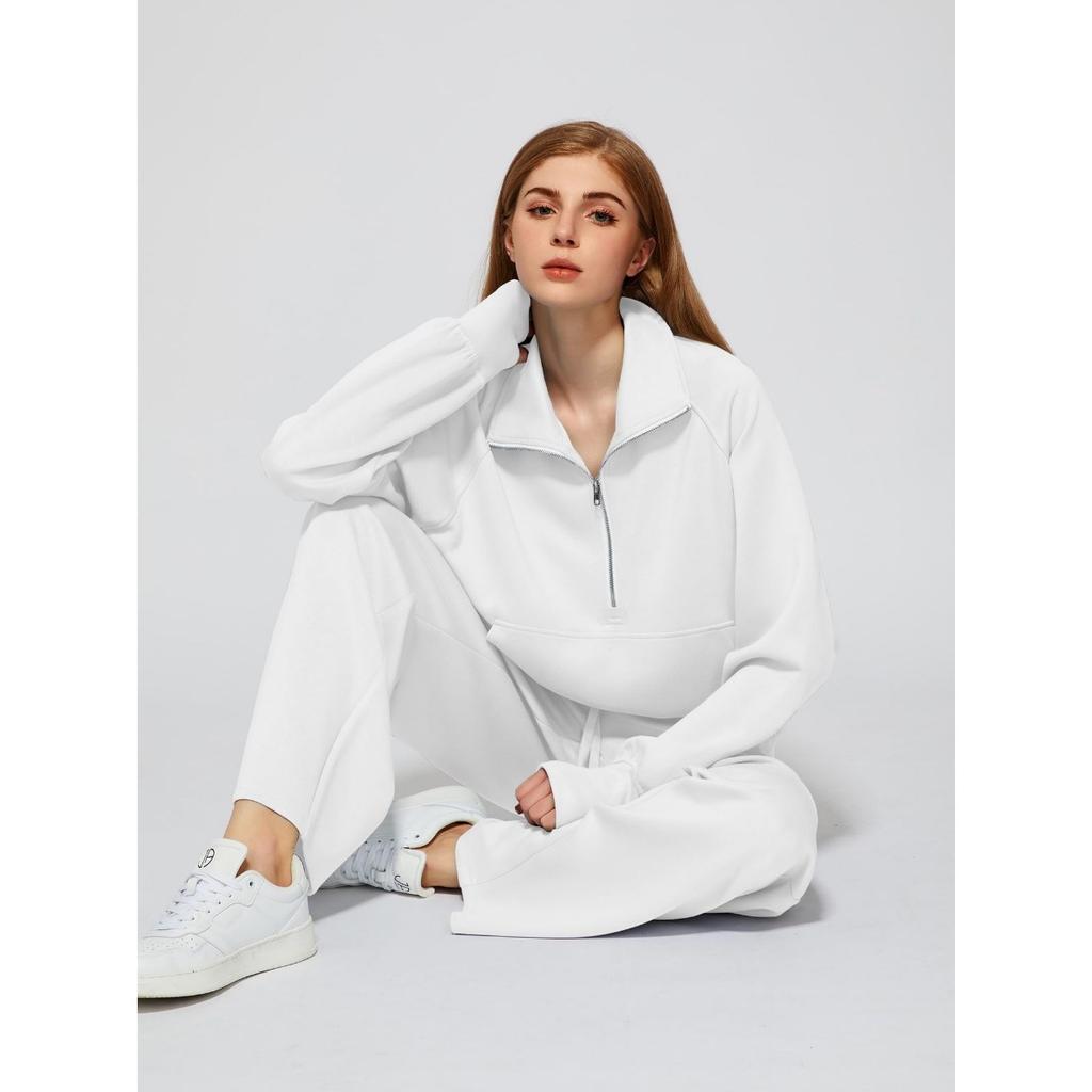 Set da donna a due pezzi con felpa con cerniera oltre la metà, pantaloni della tuta a gamba larga, tuta casual
