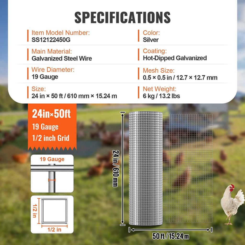 Hardware Cloth, 1/2 inch 24in x 50 ft 19 Gauge, Hot Dipped Galvanized Wire Mesh Roll, Chicken Wire Fencing, Wire Mesh for Rabbit Cages, Garden, Small