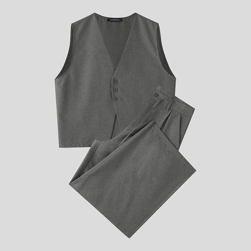 

INCERUN Men Sleeveless Cropped Waistcoat and Long Suits Pants Outfits Sets 5XL темно-серого