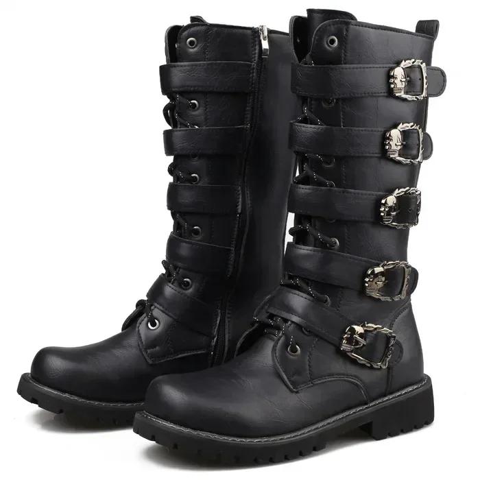 

Winter Men s Leather Motorcycle Boots Punk Chain Mid-calf Platform Gothic Combat Boots for Men Biker Boots Men 37