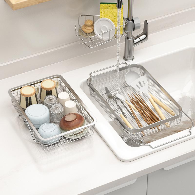 Stainless Steel Kitchen Drain Basket Drain Telescopic Tableware Tableware Chopsticks Vegetable Basin Drain Basket
