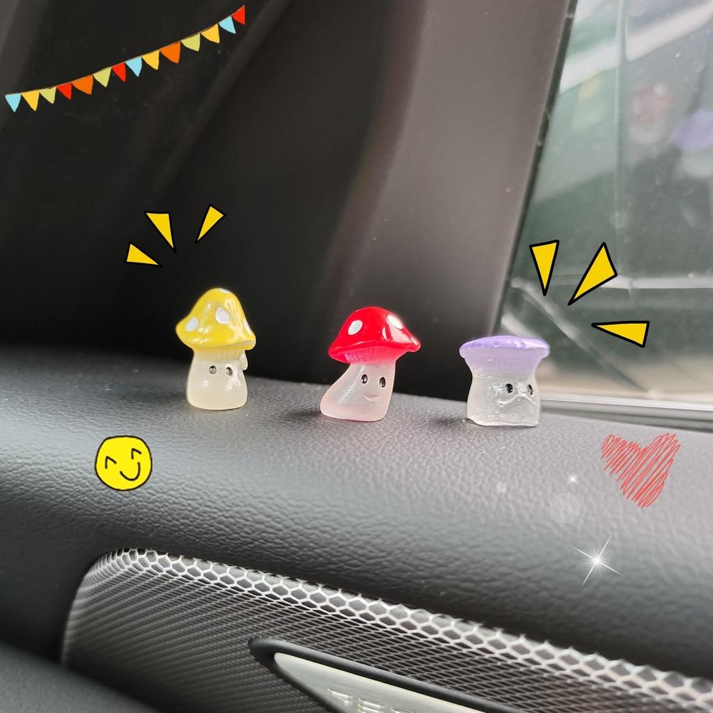 10Pcs Cute Glow in Dark Mini Mushroom Resin Figurines Car Interior Decoration Rearview Mirror Accessories Dashboard Ornament for Micro Landscape