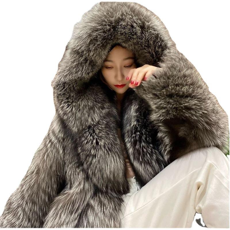 Autumn and Winter New Women's Fur Coat Imitation Fox Fur Long-Cut Coat Fashion Hooded Coat Winter Trench Coat