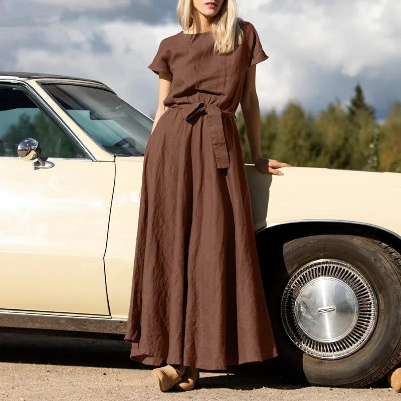 

Women s Solid Color Belted Midi Dress, Short Sleeve Casual Summer Dress, Vintage Style Blue/Brown/Khaki Dress 3XL темно-коричневого кольору