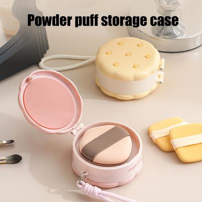 Round Powder Puff Box Double-Tier Wet And Dry Separation Makeup Puff Case Portable Makeup Sponge Organizer with Lanyard for Women Girls Travel Storage